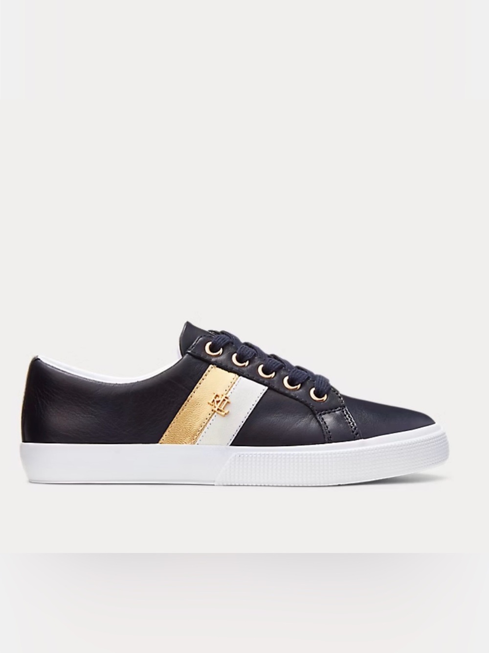 Women’s Navy Blue Ralph Lauren Leather Low-Top Sneaker with Gold & White Accent